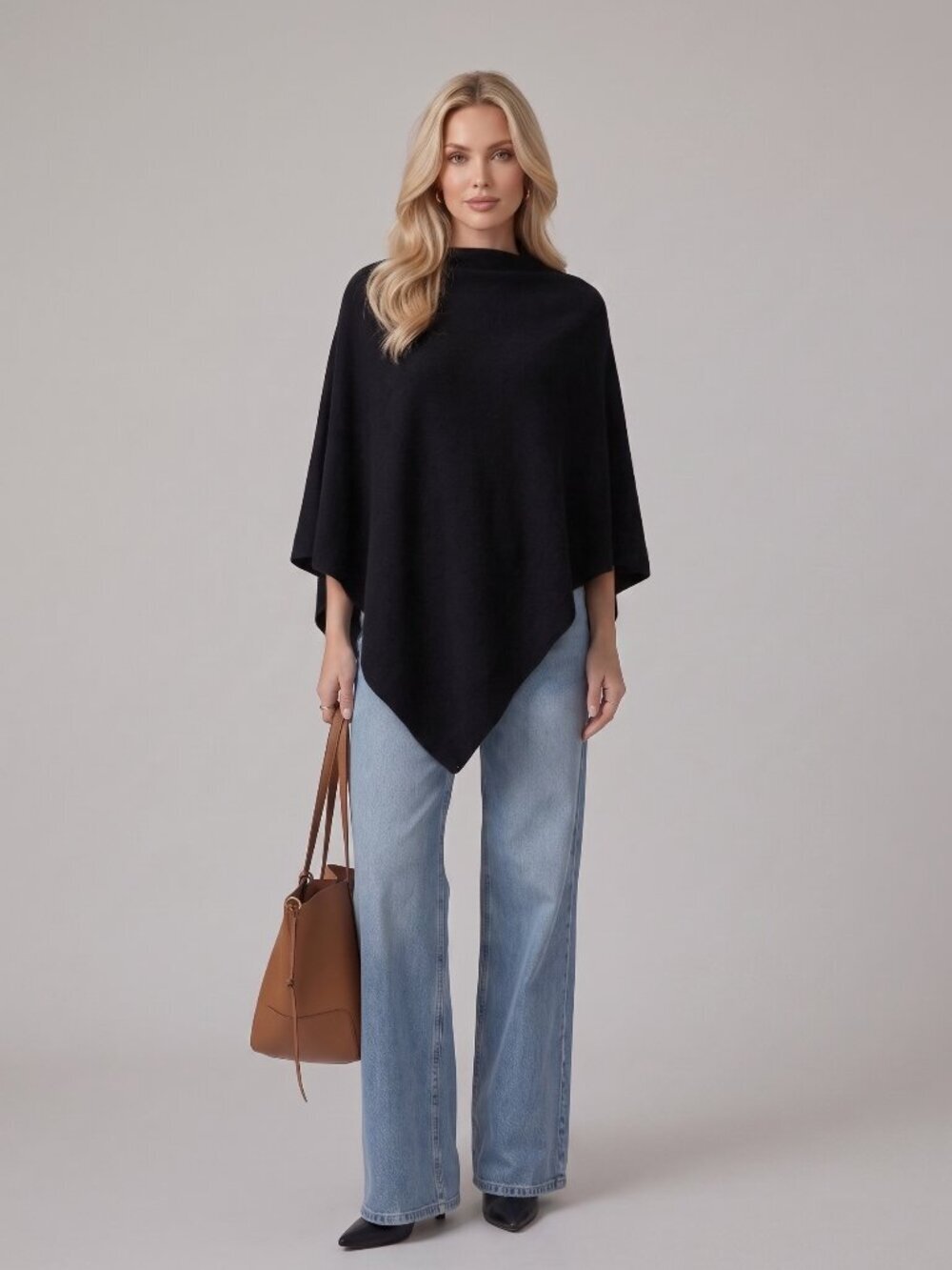 Women's Black Minimalist Knit Poncho Top Loose Relaxed Fit Casual Sweater Cape